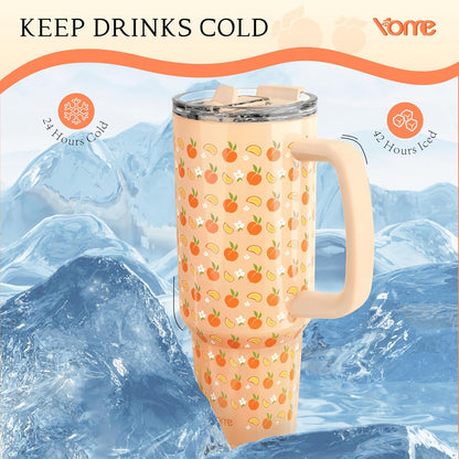 YOME 40 oz Summer Peach Tumbler with Handle and Flip Straw for Women | Stainless Steel Insulated Water Bottle | Keeps Drinks Cold | Dishwasher Safe | Cupholder Friendly | Gift Gym Travel Yoga