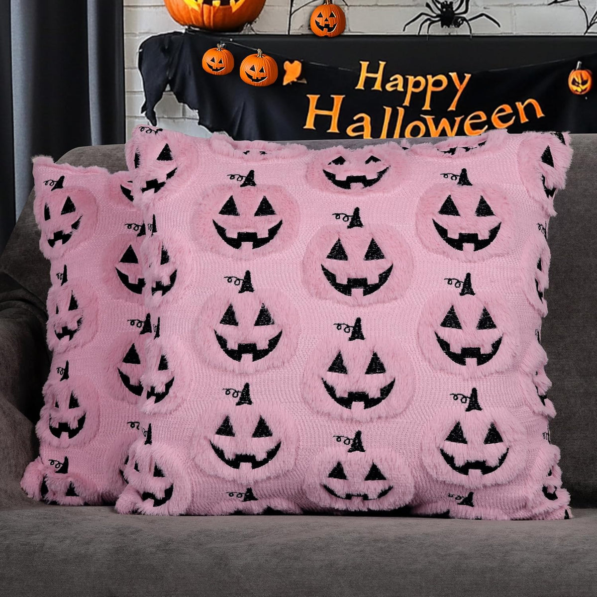 Halloween Pumpkin Decorative Pillow Covers 18x18 Set of 2, Pink Soft Plush Faux Fur Farmhouse Throw Cushion Cases for Fall Autumn Holiday Home Decorations