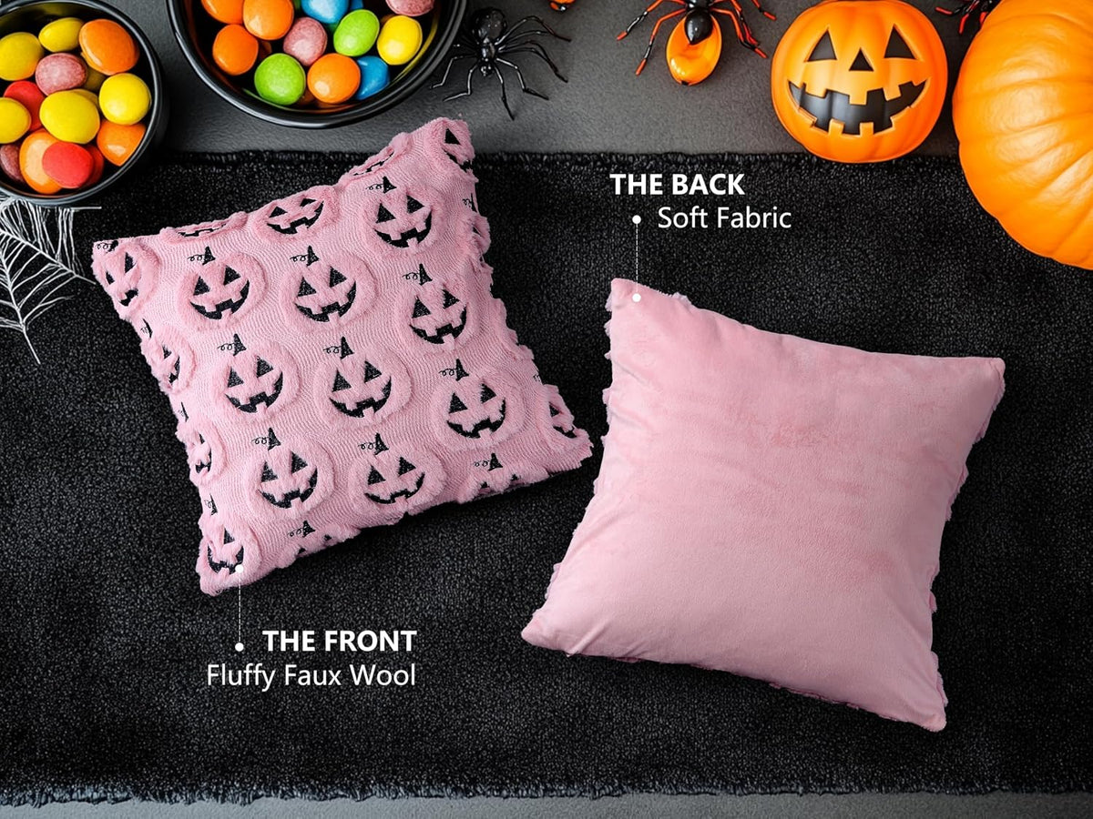 Halloween Pumpkin Decorative Pillow Covers 18x18 Set of 2, Pink Soft Plush Faux Fur Farmhouse Throw Cushion Cases for Fall Autumn Holiday Home Decorations