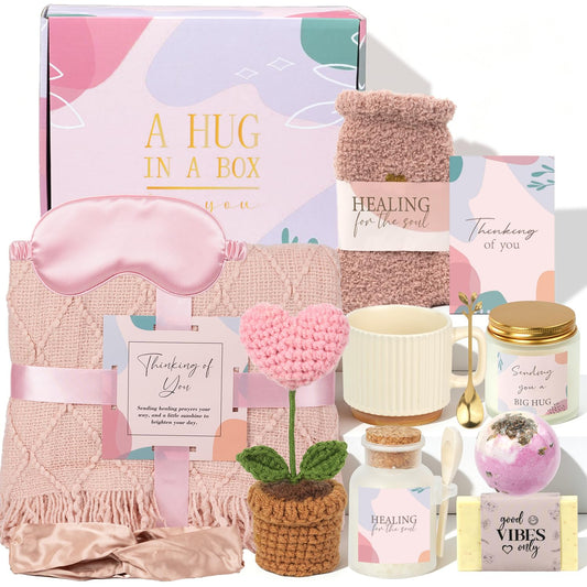 Pink Birthday Care Package for Women Teen Girls, Get Well Soon Spa Gift Baskets for Women, Womens Relaxation Self Care Thinking of You Gifts Box for Mom Sister Friends Her