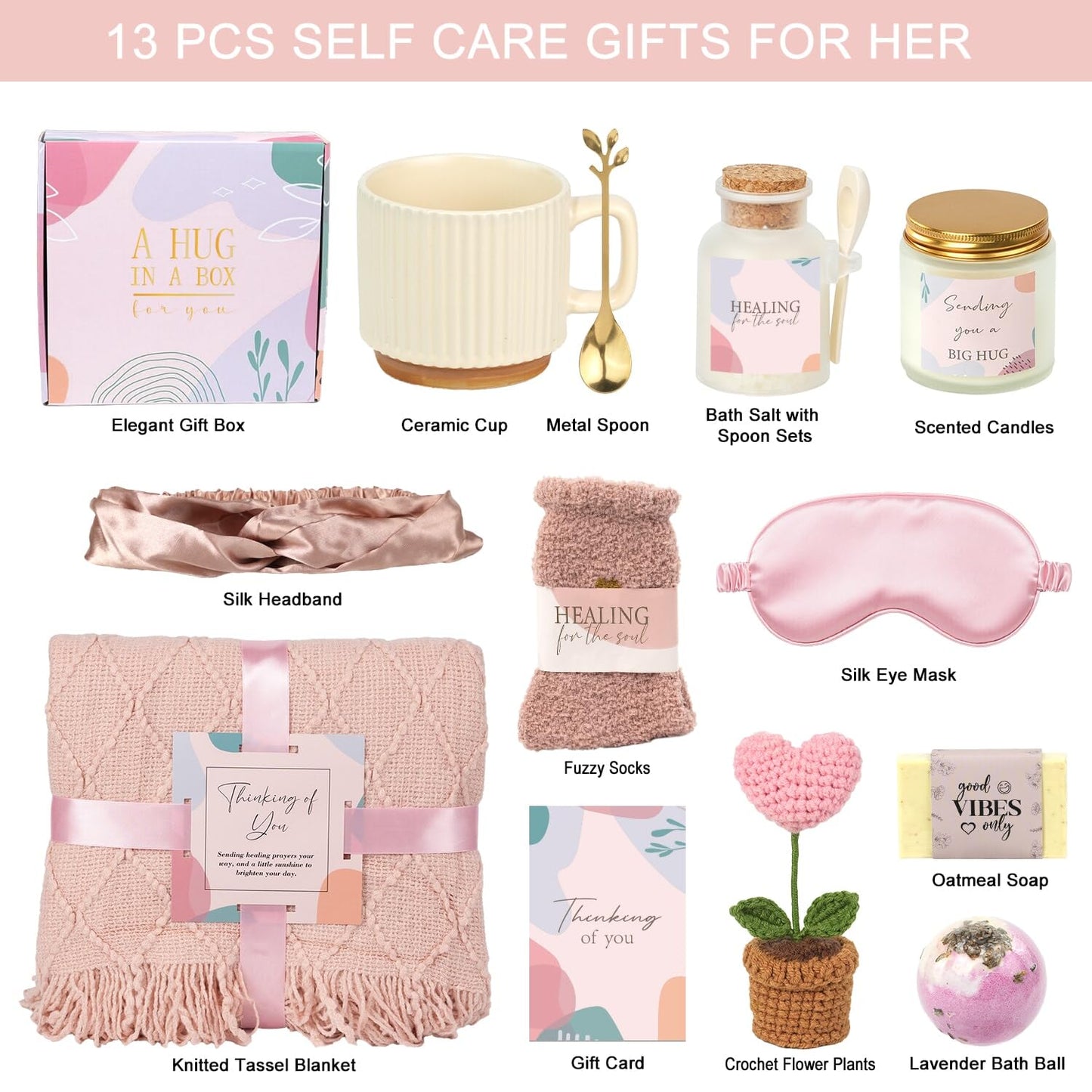 Pink Birthday Care Package for Women Teen Girls, Get Well Soon Spa Gift Baskets for Women, Womens Relaxation Self Care Thinking of You Gifts Box for Mom Sister Friends Her