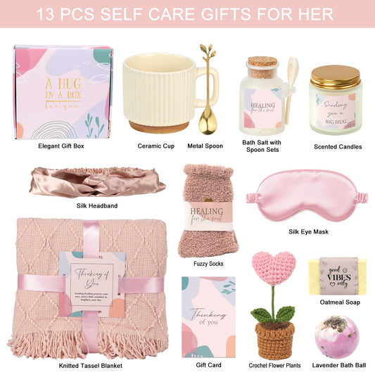 Pink Birthday Care Package for Women Teen Girls, Get Well Soon Spa Gift Baskets for Women, Womens Relaxation Self Care Thinking of You Gifts Box for Mom Sister Friends Her