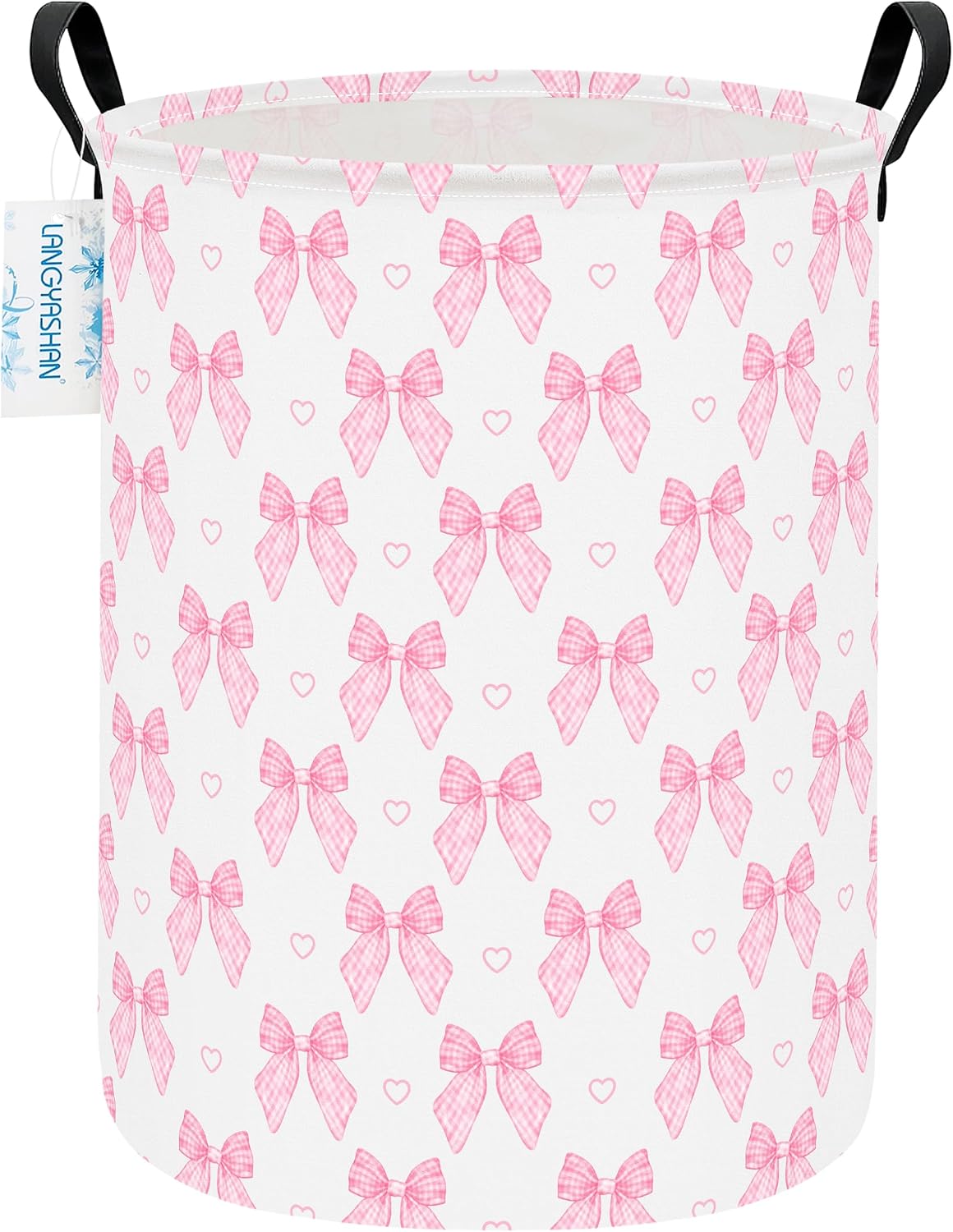 Round Laundry Basket Collapsible Storage Hamper Pink Bowknot