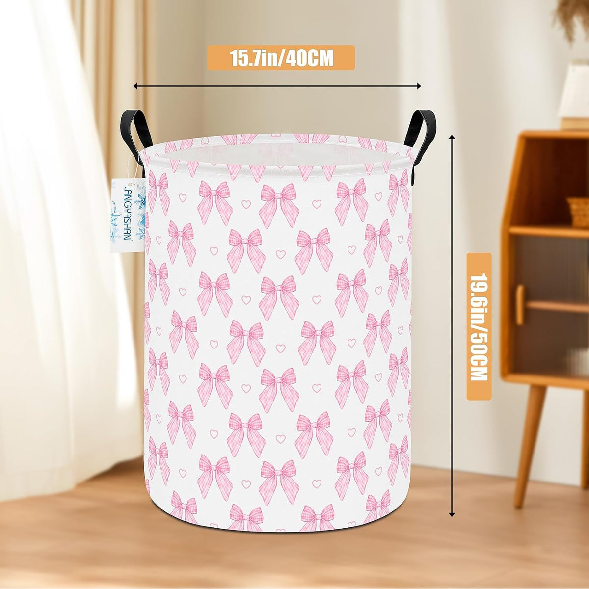 Round Laundry Basket Collapsible Storage Hamper Pink Bowknot