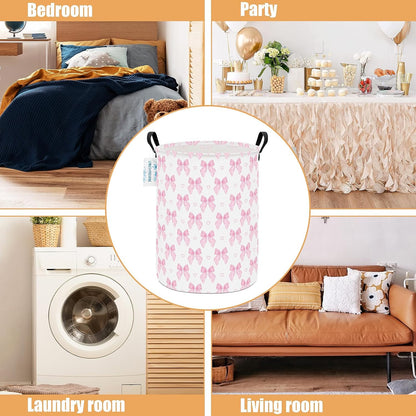 Round Laundry Basket Collapsible Storage Hamper Pink Bowknot