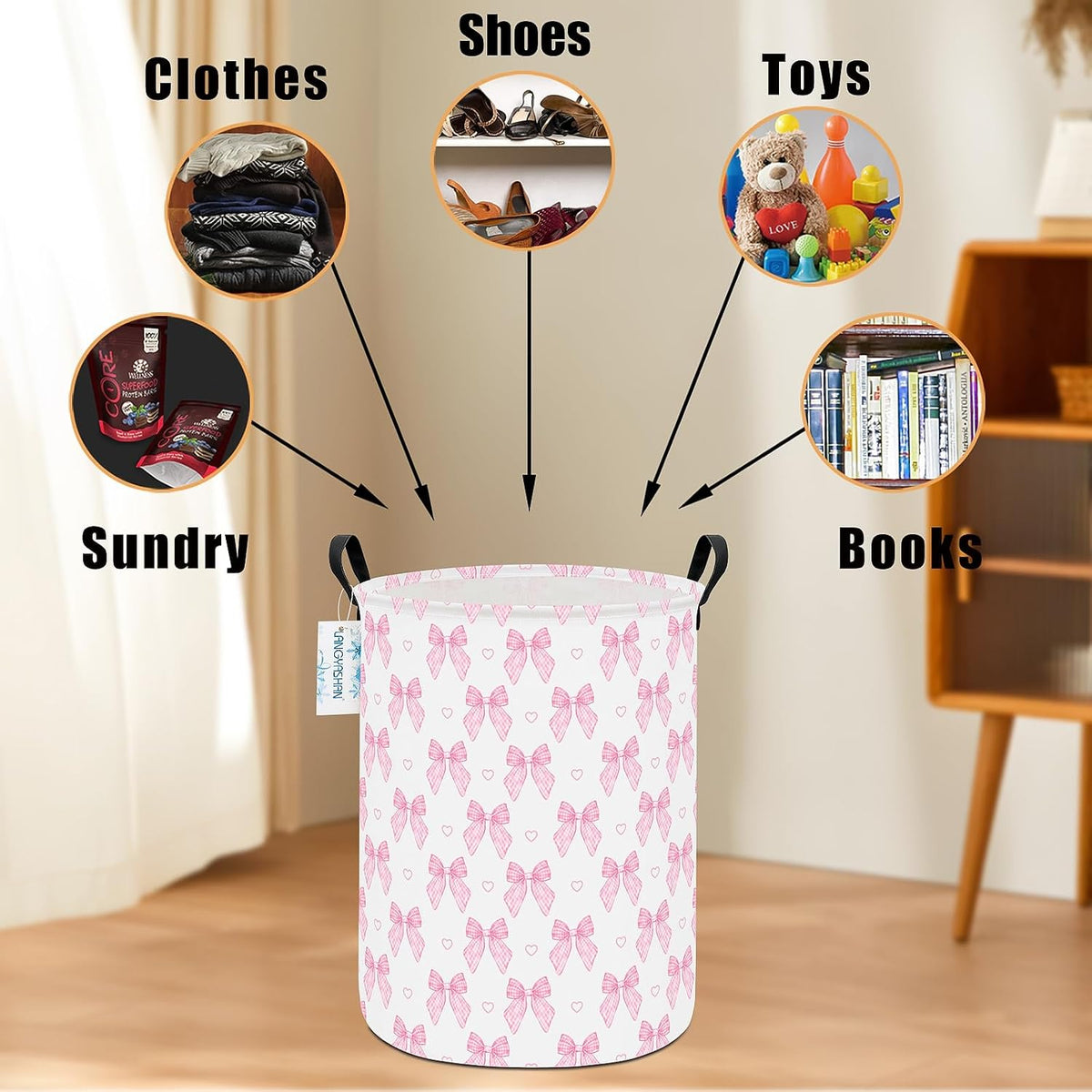 Round Laundry Basket Collapsible Storage Hamper Pink Bowknot