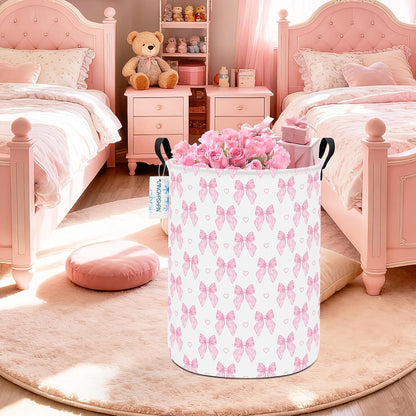 Round Laundry Basket Collapsible Storage Hamper Pink Bowknot