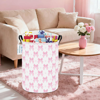 Round Laundry Basket Collapsible Storage Hamper Pink Bowknot