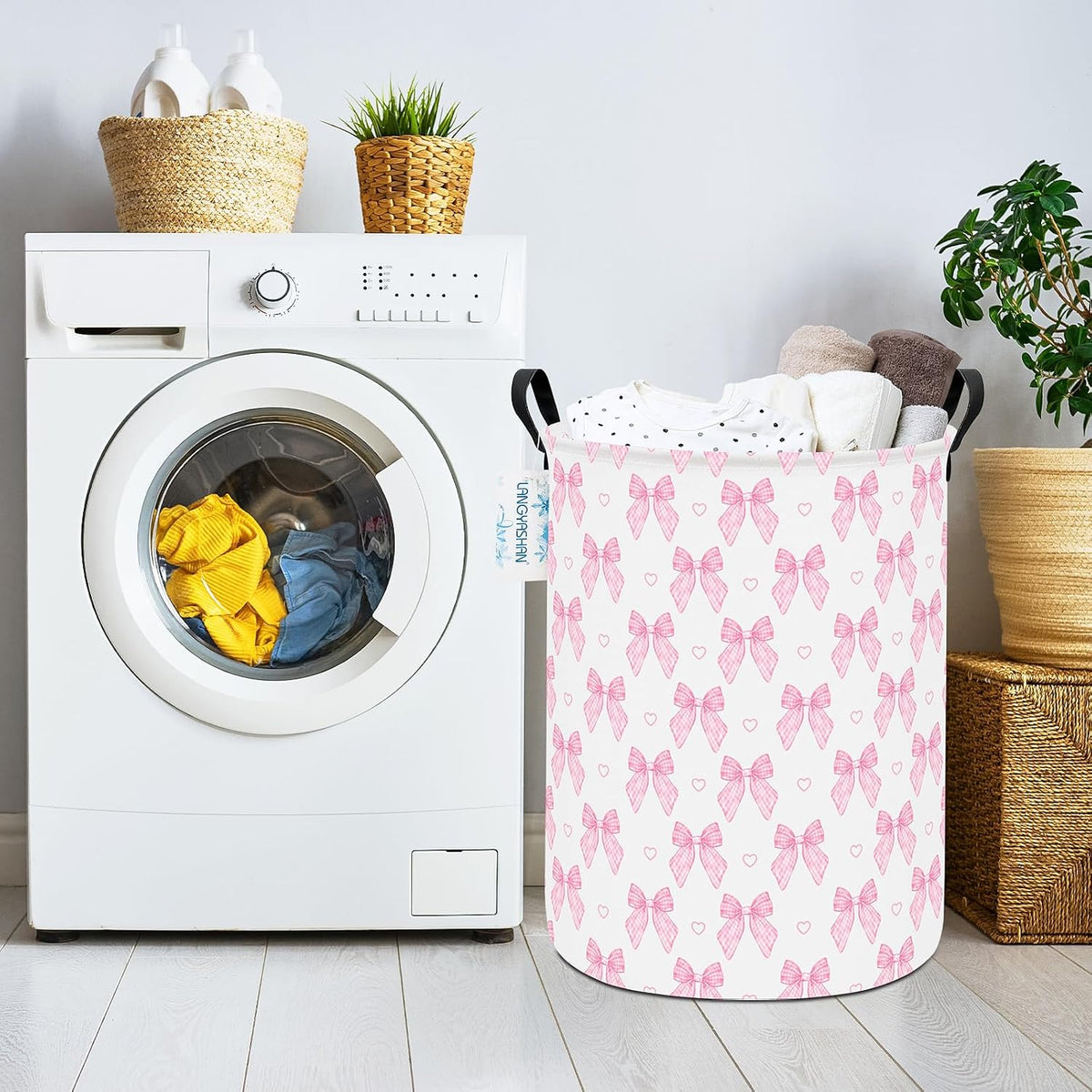 Round Laundry Basket Collapsible Storage Hamper Pink Bowknot