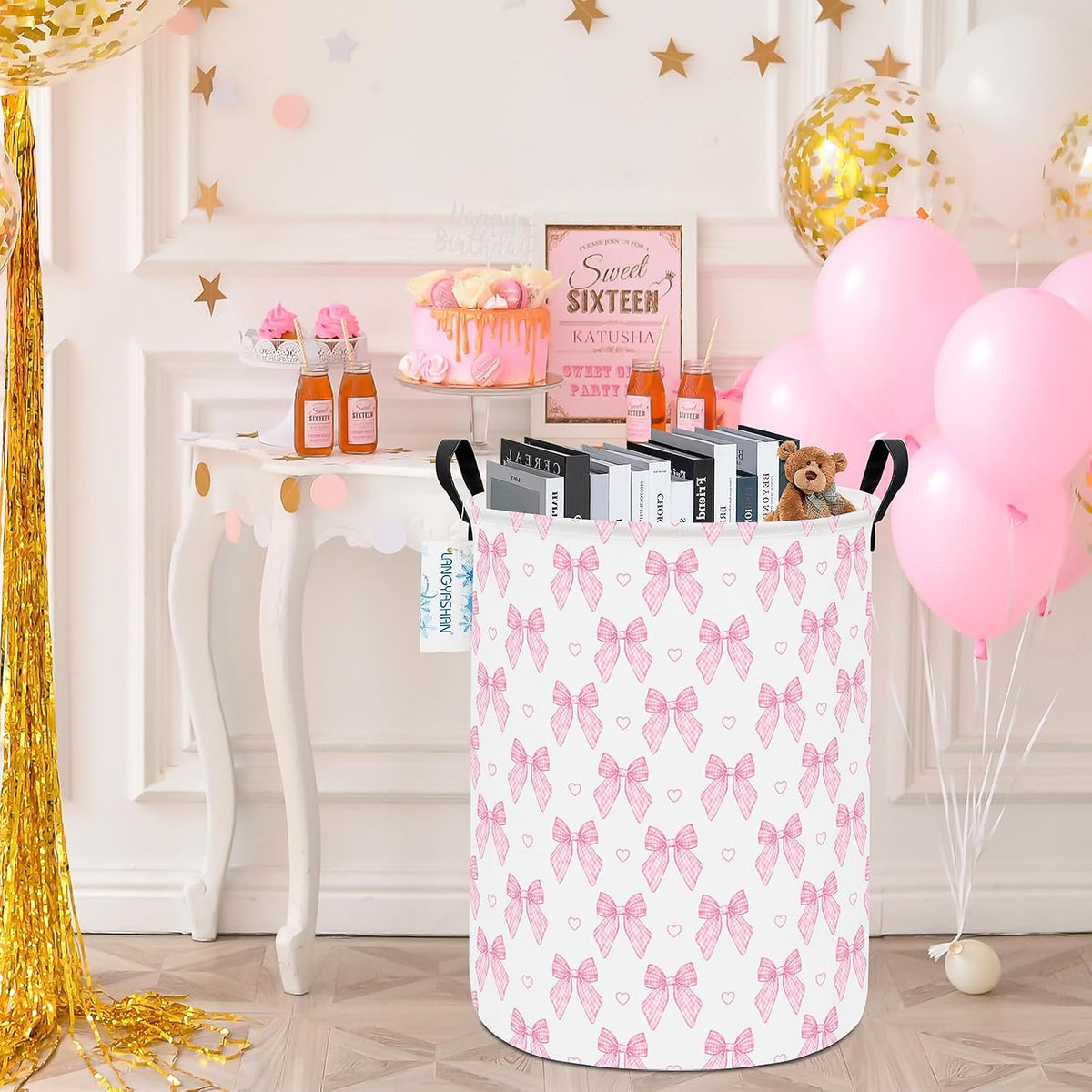 Round Laundry Basket Collapsible Storage Hamper Pink Bowknot