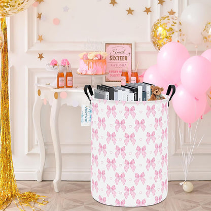 Round Laundry Basket Collapsible Storage Hamper Pink Bowknot