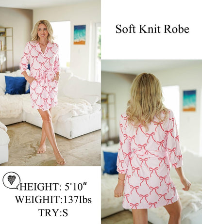 Women's Robe Soft Lightweight 3/4 Sleeve Knit Bathrobe with Pockets