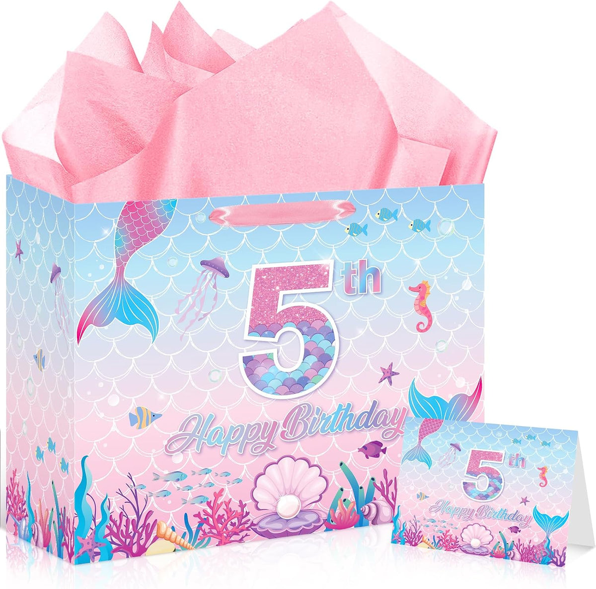 Mermaid 5th Birthday Gift Bag Pink Mermaid Wrapping Paper with Tissue Paper Greeting Card Under the Sea Party Favors Pink Fish Scale Present Wrap Bag for 5 Year Old Girls Packing Party Supplies