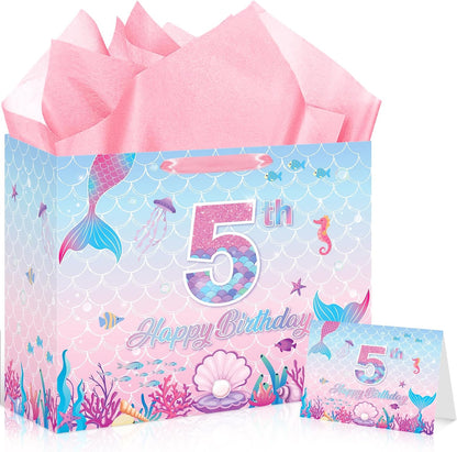 Mermaid 5th Birthday Gift Bag Pink Mermaid Wrapping Paper with Tissue Paper Greeting Card Under the Sea Party Favors Pink Fish Scale Present Wrap Bag for 5 Year Old Girls Packing Party Supplies