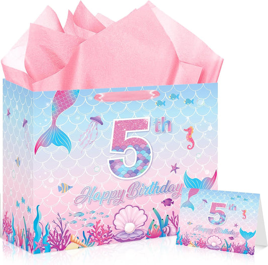 Mermaid 5th Birthday Gift Bag Pink Mermaid Wrapping Paper with Tissue Paper Greeting Card Under the Sea Party Favors Pink Fish Scale Present Wrap Bag for 5 Year Old Girls Packing Party Supplies