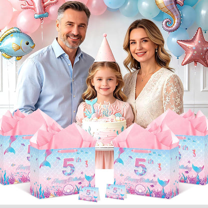Mermaid 5th Birthday Gift Bag Pink Mermaid Wrapping Paper with Tissue Paper Greeting Card Under the Sea Party Favors Pink Fish Scale Present Wrap Bag for 5 Year Old Girls Packing Party Supplies