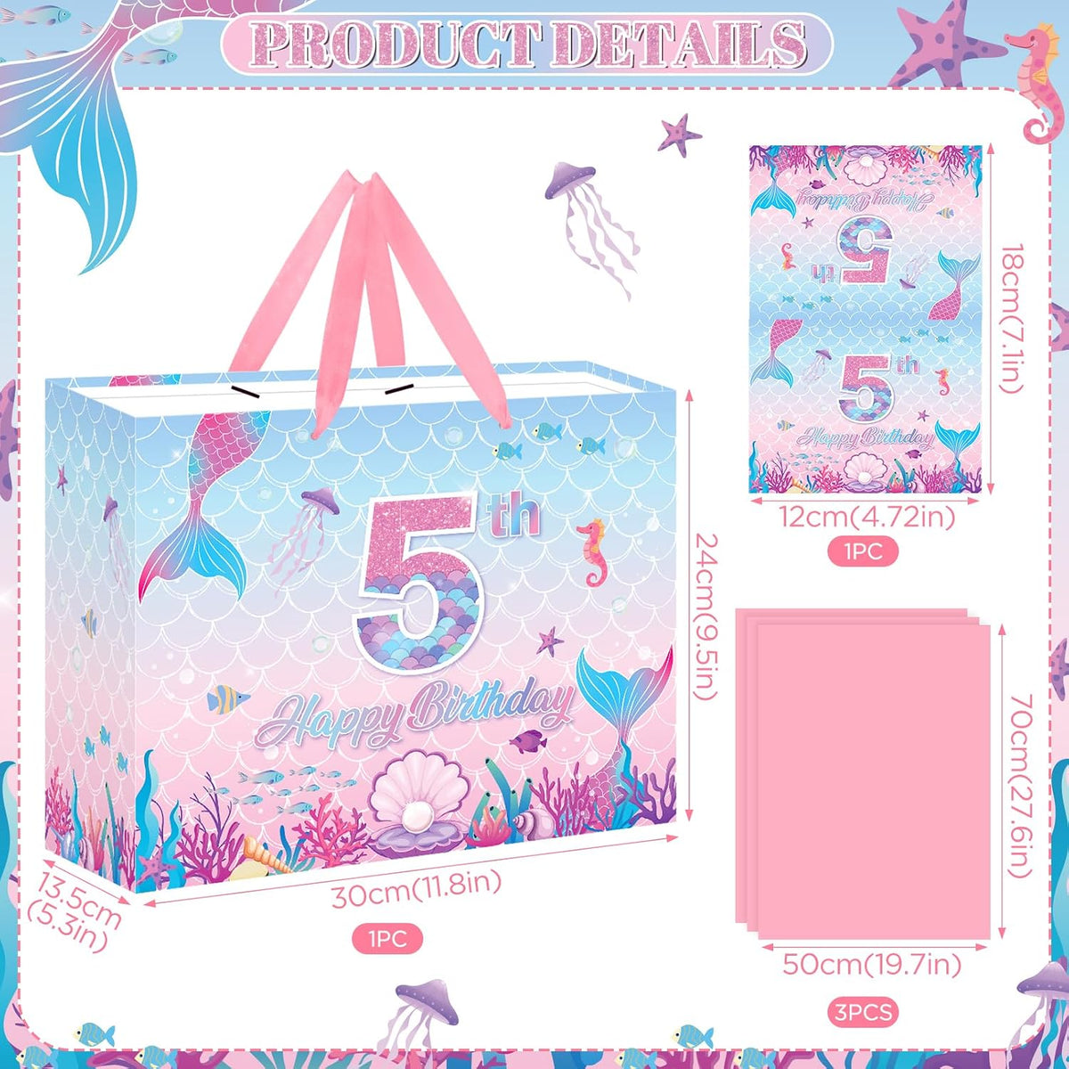 Mermaid 5th Birthday Gift Bag Pink Mermaid Wrapping Paper with Tissue Paper Greeting Card Under the Sea Party Favors Pink Fish Scale Present Wrap Bag for 5 Year Old Girls Packing Party Supplies