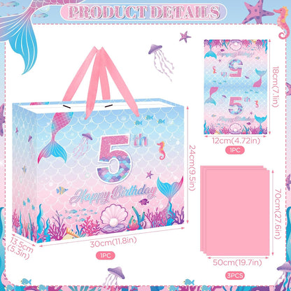 Mermaid 5th Birthday Gift Bag Pink Mermaid Wrapping Paper with Tissue Paper Greeting Card Under the Sea Party Favors Pink Fish Scale Present Wrap Bag for 5 Year Old Girls Packing Party Supplies