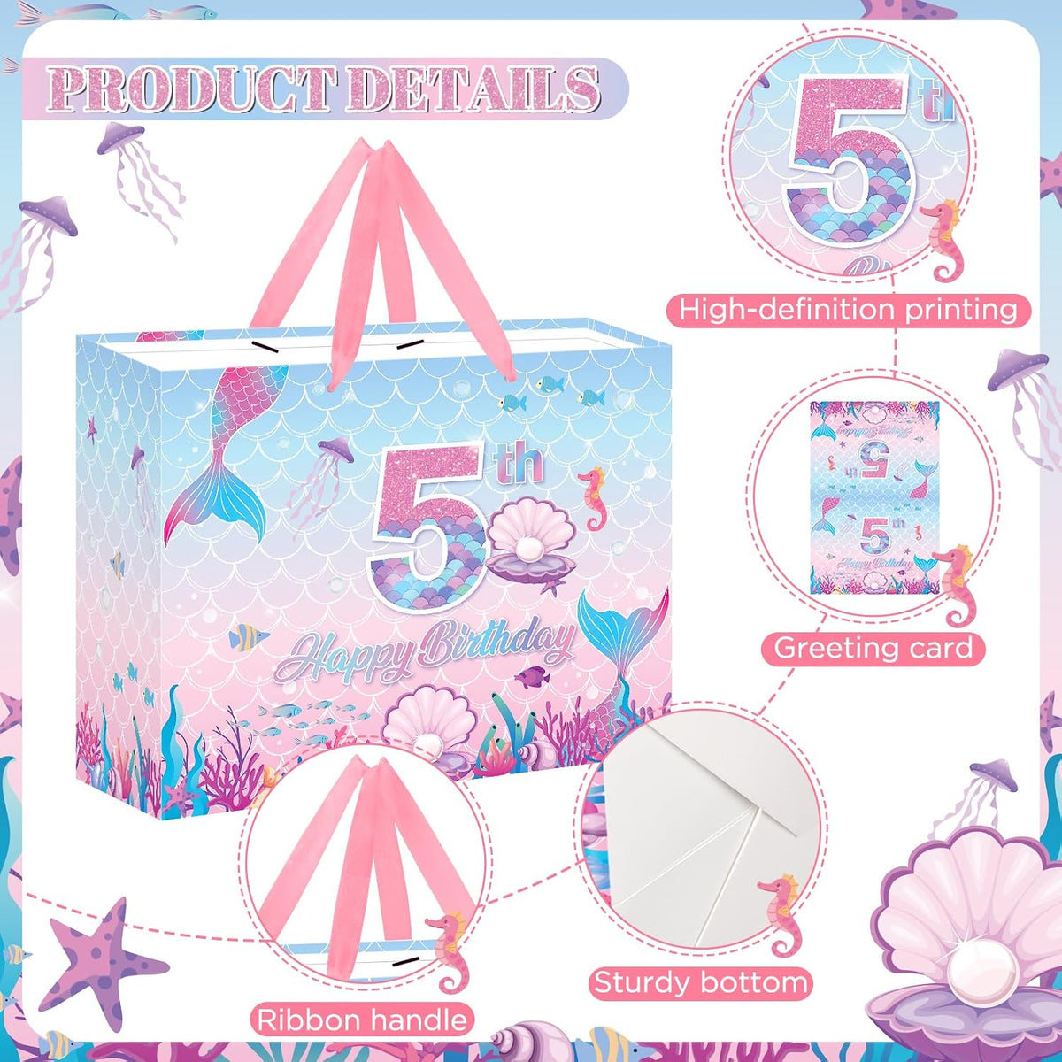 Mermaid 5th Birthday Gift Bag Pink Mermaid Wrapping Paper with Tissue Paper Greeting Card Under the Sea Party Favors Pink Fish Scale Present Wrap Bag for 5 Year Old Girls Packing Party Supplies