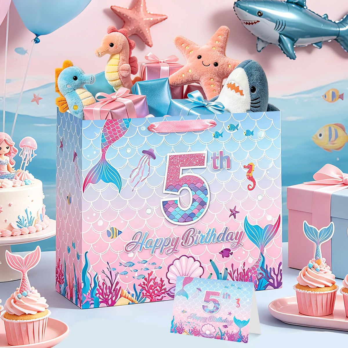Mermaid 5th Birthday Gift Bag Pink Mermaid Wrapping Paper with Tissue Paper Greeting Card Under the Sea Party Favors Pink Fish Scale Present Wrap Bag for 5 Year Old Girls Packing Party Supplies