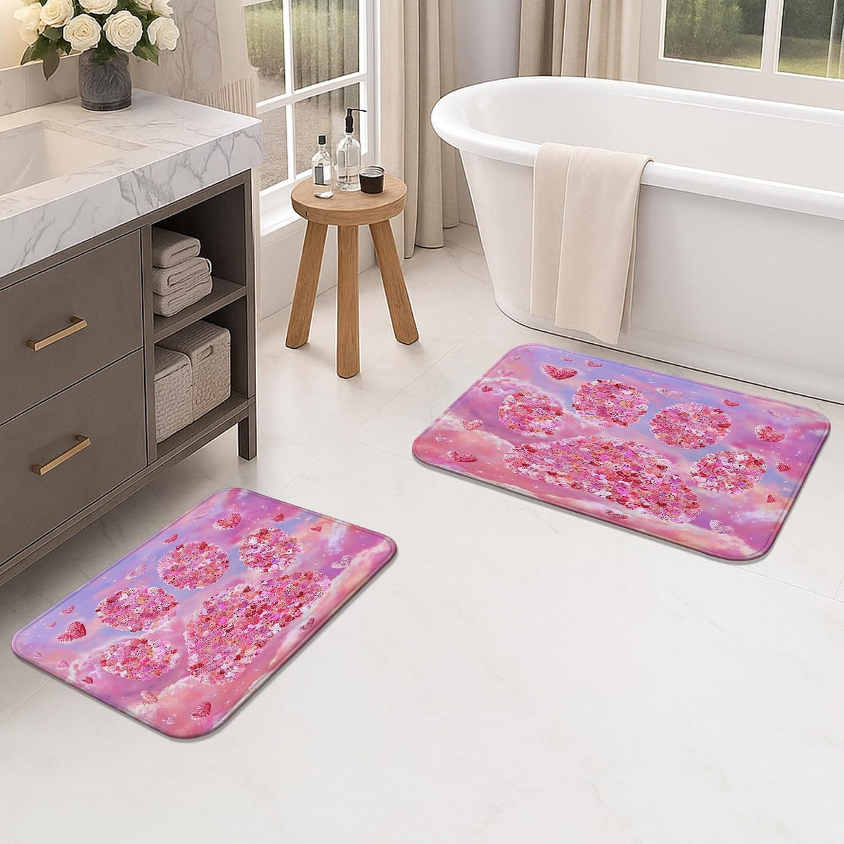 Romantic Floral Quick Dry Bath Mat, Artistic Peach Flower Paw Print Absorbent Non Slip Shower Mat, Spring Decorative Washable Bath Rugs for Bathroom Toilet Restroom 16x24 Inch