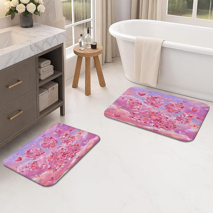 Romantic Floral Quick Dry Bath Mat, Artistic Peach Flower Paw Print Absorbent Non Slip Shower Mat, Spring Decorative Washable Bath Rugs for Bathroom Toilet Restroom 16x24 Inch
