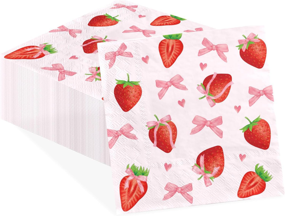 50Pcs Pink Bows Strawberry Cocktail Napkins 3 Ply 5 x 5 Inches