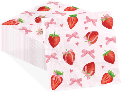 50Pcs Pink Bows Strawberry Cocktail Napkins 3 Ply 5 x 5 Inches