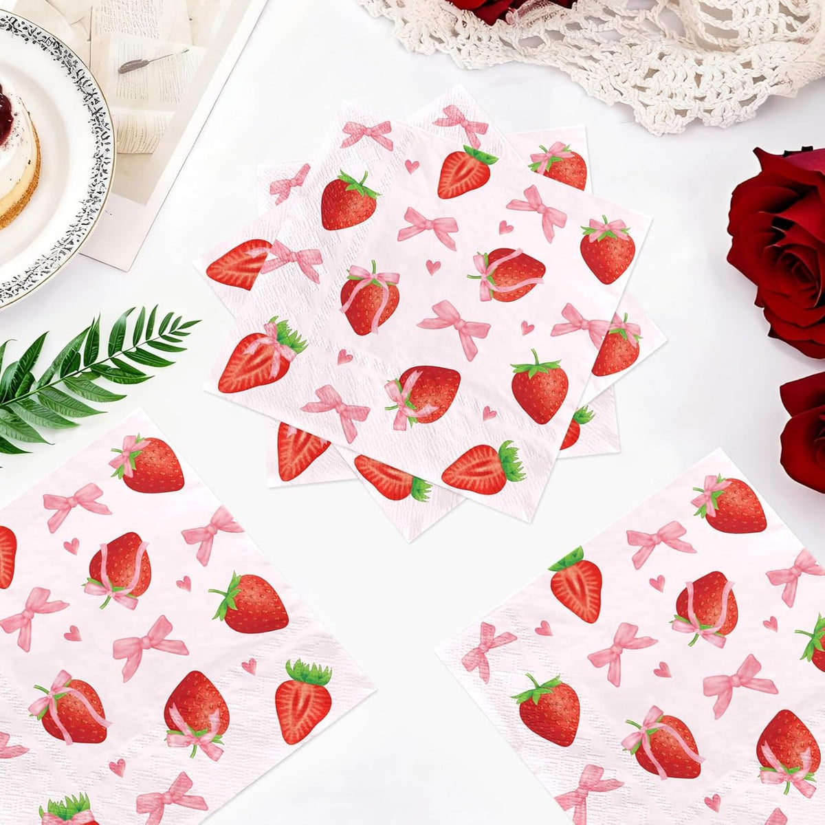 50Pcs Pink Bows Strawberry Cocktail Napkins 3 Ply 5 x 5 Inches