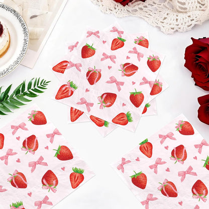 50Pcs Pink Bows Strawberry Cocktail Napkins 3 Ply 5 x 5 Inches
