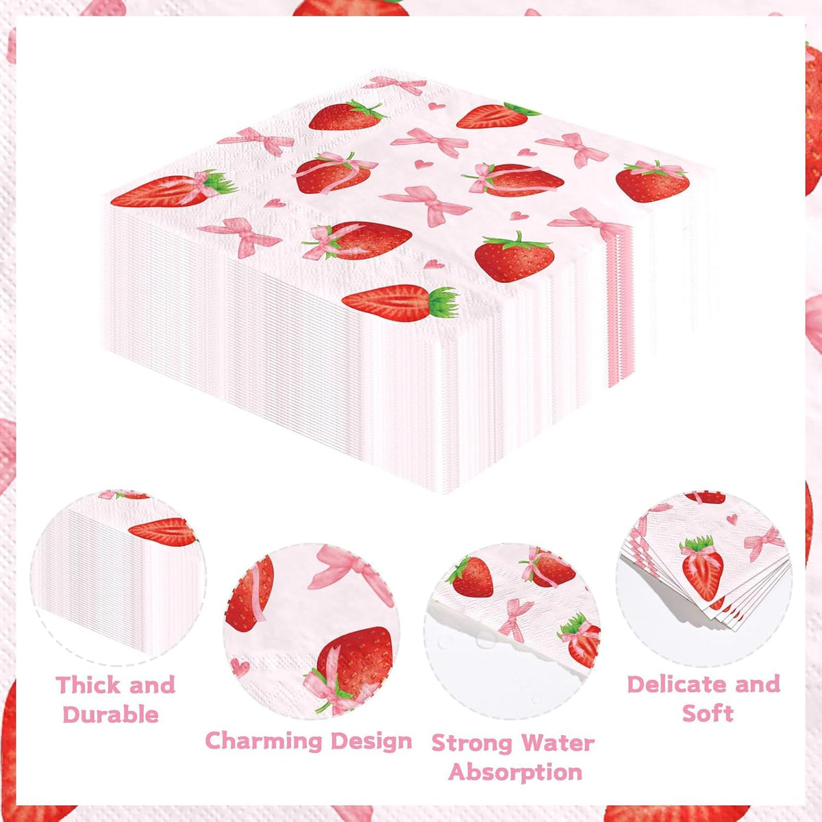 50Pcs Pink Bows Strawberry Cocktail Napkins 3 Ply 5 x 5 Inches