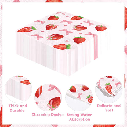 50Pcs Pink Bows Strawberry Cocktail Napkins 3 Ply 5 x 5 Inches