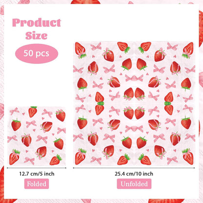 50Pcs Pink Bows Strawberry Cocktail Napkins 3 Ply 5 x 5 Inches