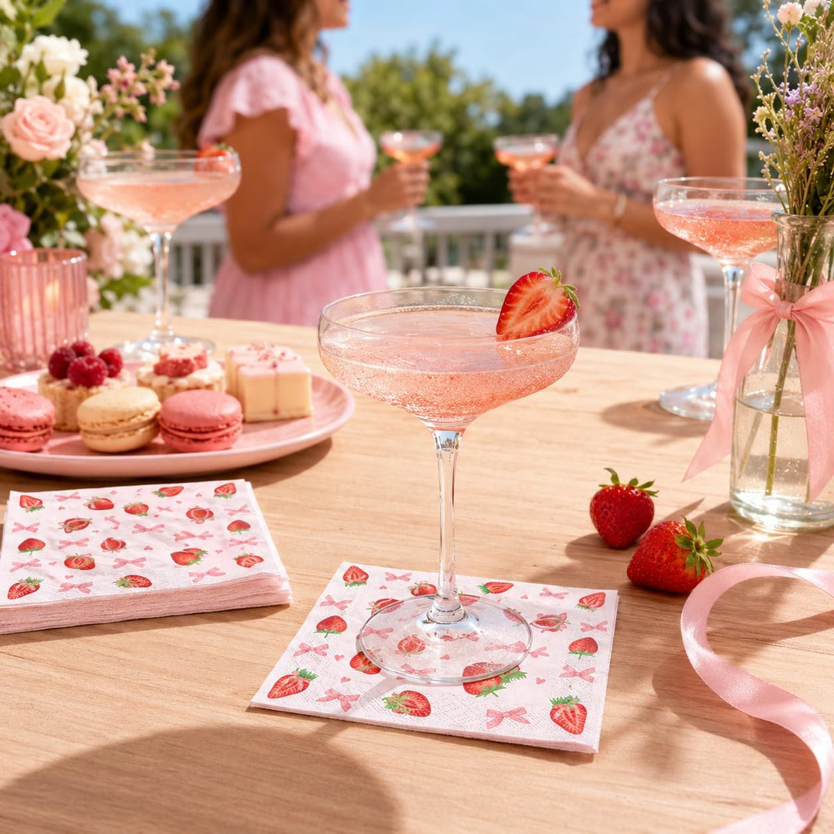 50Pcs Pink Bows Strawberry Cocktail Napkins 3 Ply 5 x 5 Inches