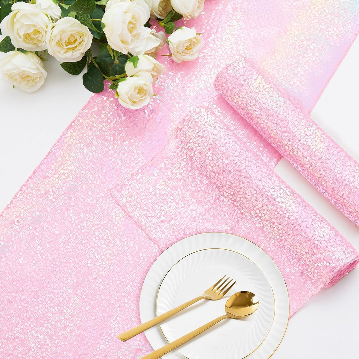 2 Pack Light Pink Sequin Table Runner 12" x 72"