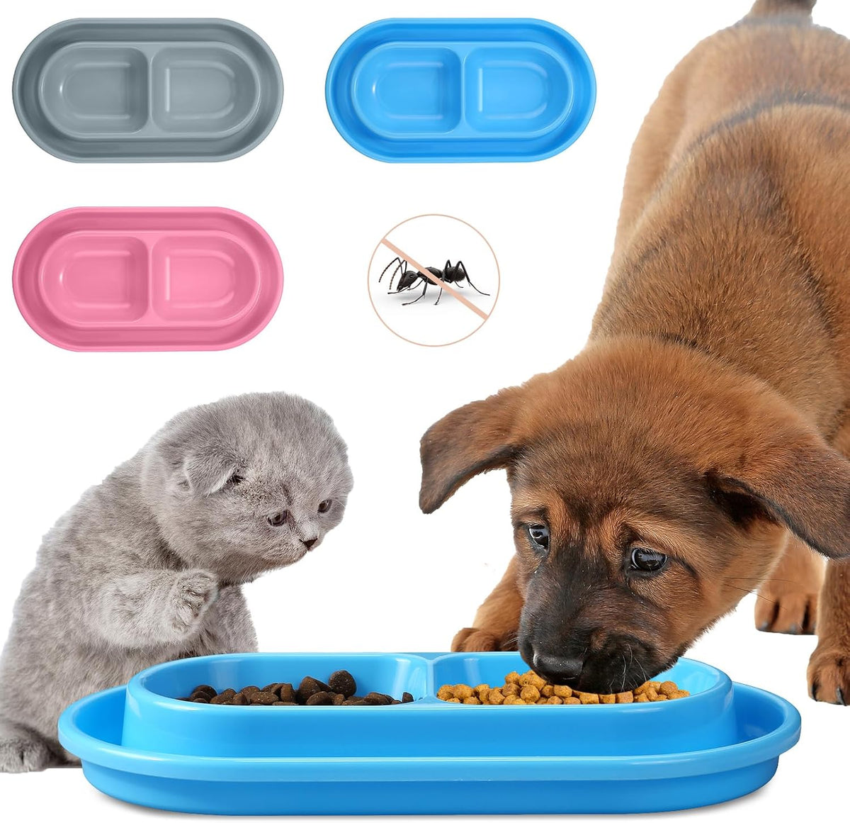 3 Pieces Anti Ant Food Bowl Cat Dog 35oz Plastic Double Pet Food Water Bowls No Spill Feeding Kitten Dish Outdoor Cat Feeder for Small and Medium Dog Eating Drinking(Blue, Pink, Gray)