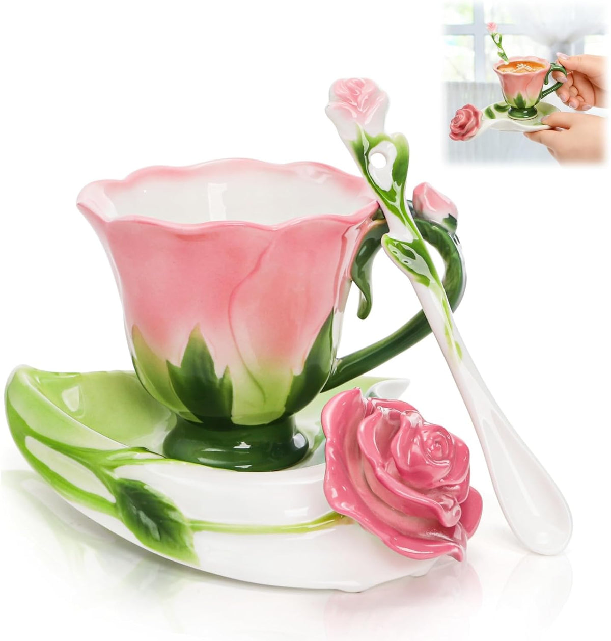 Pink Tea Cups with Saucer and Spoon, 4.5 Oz Small Ceramic Rose Flower Tea Cup Set for Women Girls, Hand Crafted Vintage Coffee Latte Mug, Fancy Teaware for Mother's Day, Birthday Gift, Wedding
