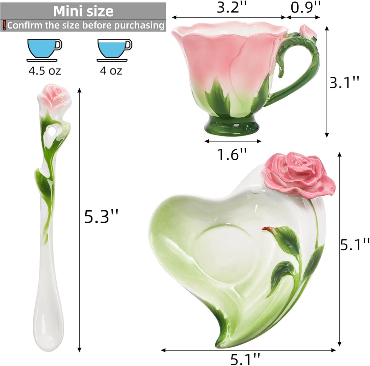Pink Tea Cups with Saucer and Spoon, 4.5 Oz Small Ceramic Rose Flower Tea Cup Set for Women Girls, Hand Crafted Vintage Coffee Latte Mug, Fancy Teaware for Mother's Day, Birthday Gift, Wedding