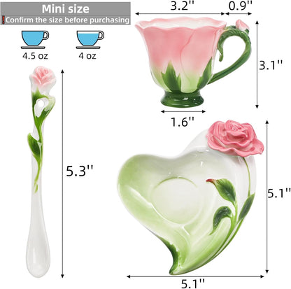 Pink Tea Cups with Saucer and Spoon, 4.5 Oz Small Ceramic Rose Flower Tea Cup Set for Women Girls, Hand Crafted Vintage Coffee Latte Mug, Fancy Teaware for Mother's Day, Birthday Gift, Wedding