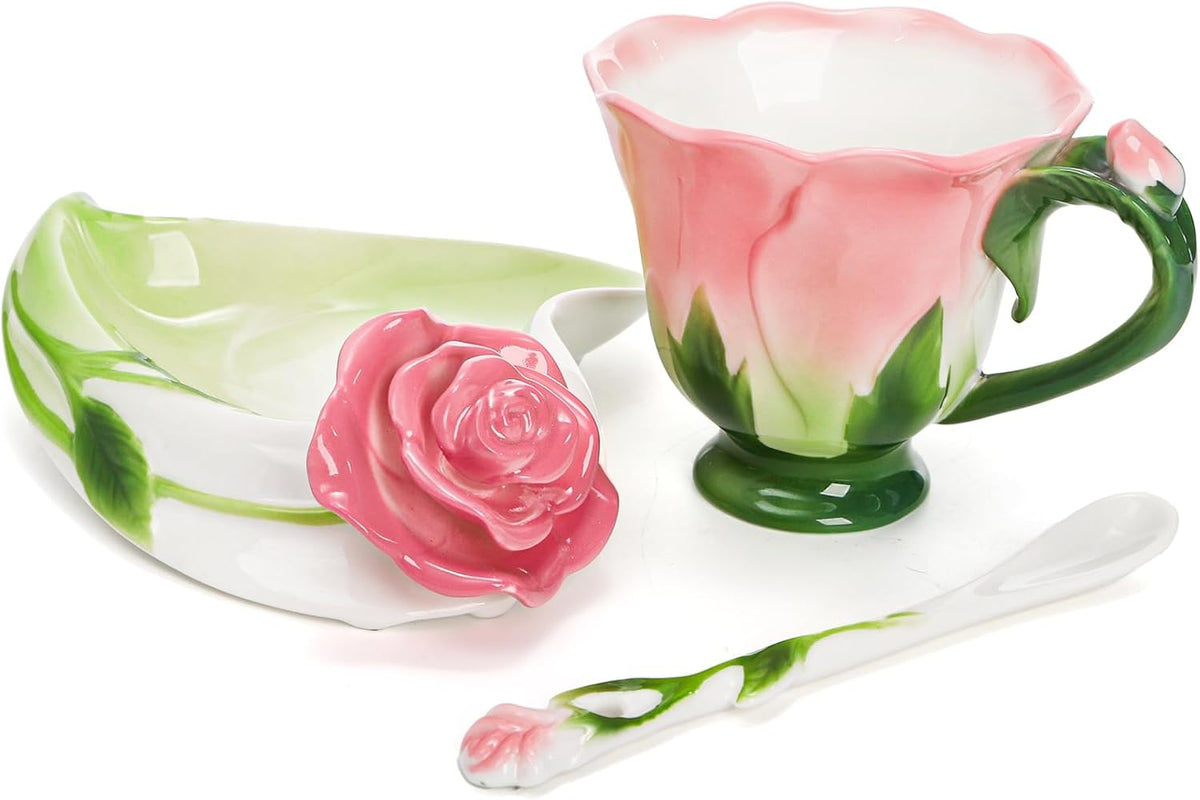 Pink Tea Cups with Saucer and Spoon, 4.5 Oz Small Ceramic Rose Flower Tea Cup Set for Women Girls, Hand Crafted Vintage Coffee Latte Mug, Fancy Teaware for Mother's Day, Birthday Gift, Wedding