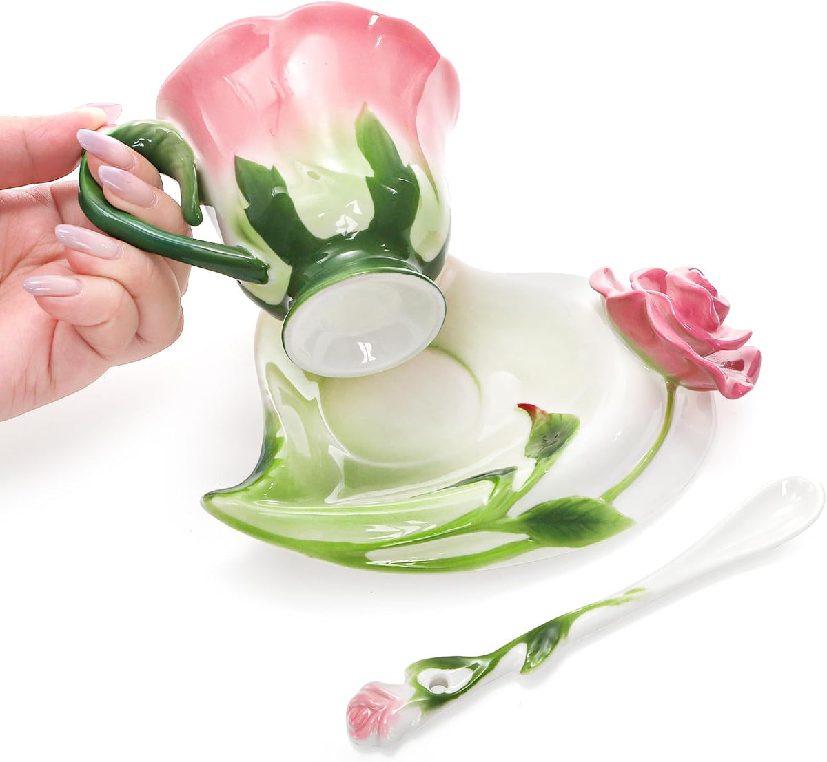 Pink Tea Cups with Saucer and Spoon, 4.5 Oz Small Ceramic Rose Flower Tea Cup Set for Women Girls, Hand Crafted Vintage Coffee Latte Mug, Fancy Teaware for Mother's Day, Birthday Gift, Wedding