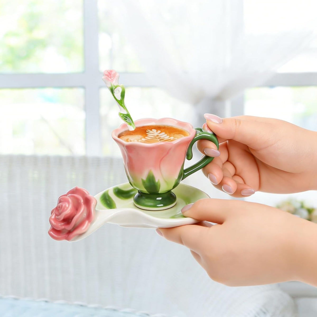 Pink Tea Cups with Saucer and Spoon, 4.5 Oz Small Ceramic Rose Flower Tea Cup Set for Women Girls, Hand Crafted Vintage Coffee Latte Mug, Fancy Teaware for Mother's Day, Birthday Gift, Wedding