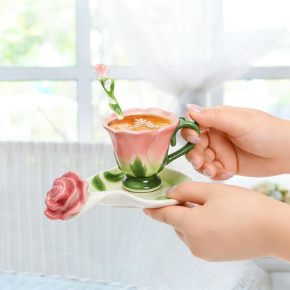 Pink Tea Cups with Saucer and Spoon, 4.5 Oz Small Ceramic Rose Flower Tea Cup Set for Women Girls, Hand Crafted Vintage Coffee Latte Mug, Fancy Teaware for Mother's Day, Birthday Gift, Wedding