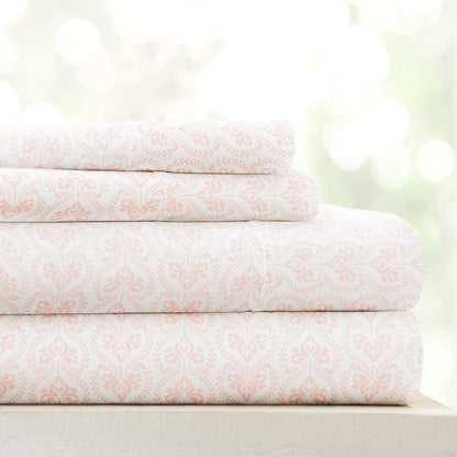 Patterned Microfiber Full Sheet Set 4 Piece – Oeko-TEX Certified Ultra Soft & Wrinkle-Free - 16" Deep Pocket Sheets - Easy Care Full Size - Classic in Pink