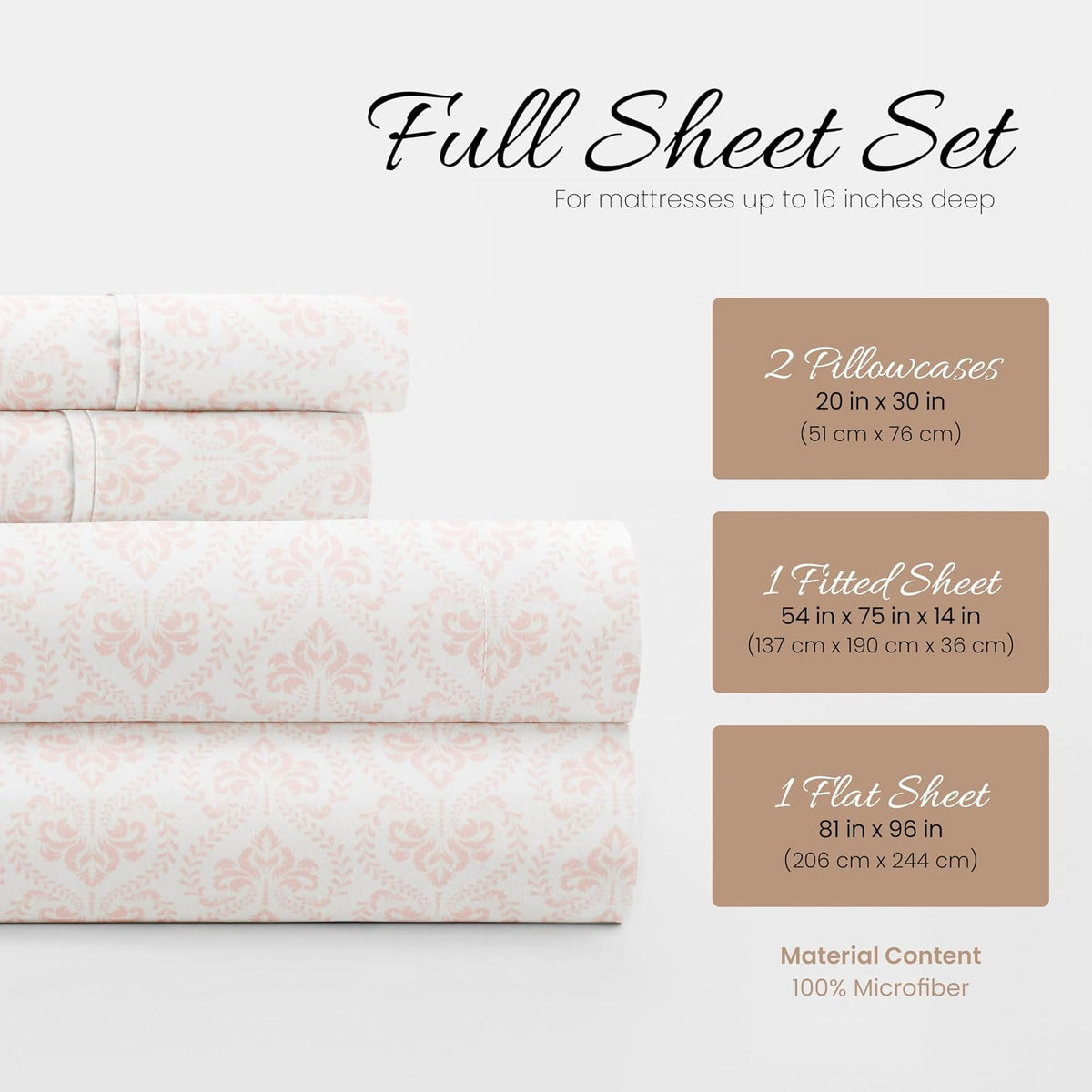 Patterned Microfiber Full Sheet Set 4 Piece – Oeko-TEX Certified Ultra Soft & Wrinkle-Free - 16" Deep Pocket Sheets - Easy Care Full Size - Classic in Pink