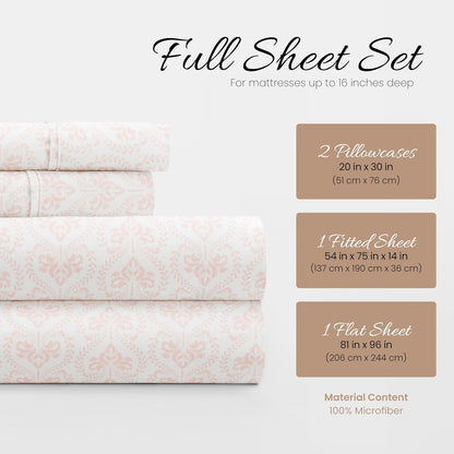 Patterned Microfiber Full Sheet Set 4 Piece – Oeko-TEX Certified Ultra Soft & Wrinkle-Free - 16" Deep Pocket Sheets - Easy Care Full Size - Classic in Pink