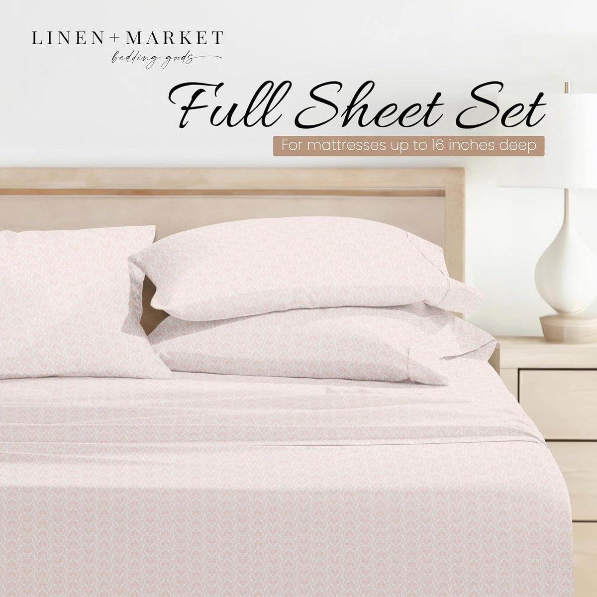 Patterned Microfiber Full Sheet Set 4 Piece – Oeko-TEX Certified Ultra Soft & Wrinkle-Free - 16" Deep Pocket Sheets - Easy Care Full Size - Classic in Pink