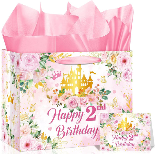 2nd Birthday Party Gift Bag for Girls Her Royal Pink Pastel Princess Castle Happy 2nd Birthday Party Decorations with Card & Wrapping Papers for Two Years Old Party Favors Supplies