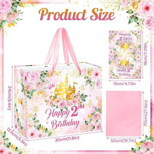 2nd Birthday Party Gift Bag for Girls Her Royal Pink Pastel Princess Castle Happy 2nd Birthday Party Decorations with Card & Wrapping Papers for Two Years Old Party Favors Supplies