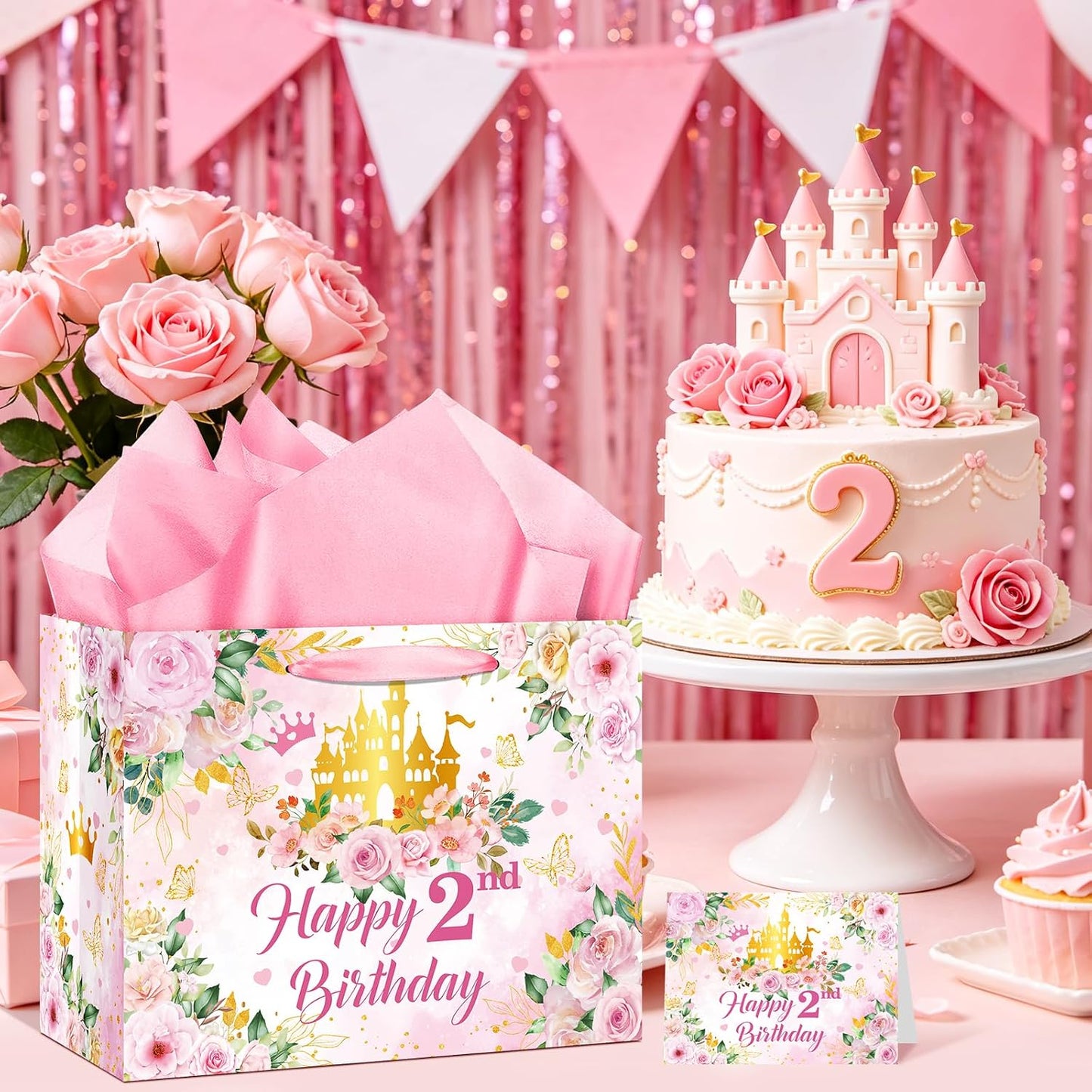 2nd Birthday Party Gift Bag for Girls Her Royal Pink Pastel Princess Castle Happy 2nd Birthday Party Decorations with Card & Wrapping Papers for Two Years Old Party Favors Supplies